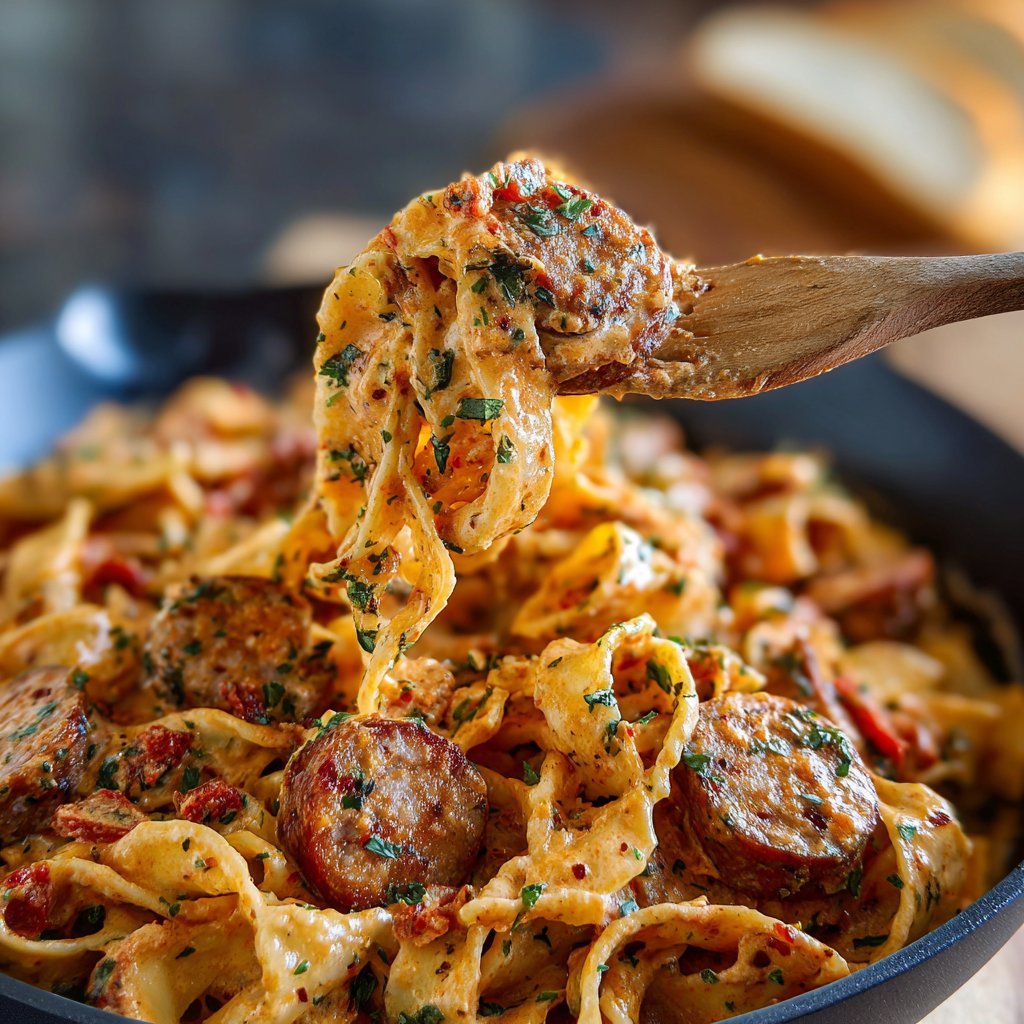 One Pot Cajun Sausage Pasta with Tomato Cream Sauce